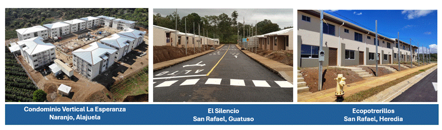 Fotografías del Condominio La Esperanza en Naranjo de Alajuela, proyecto El Silencio en Guatuso y Ecopotrerillos en San Rafael de Heredia.